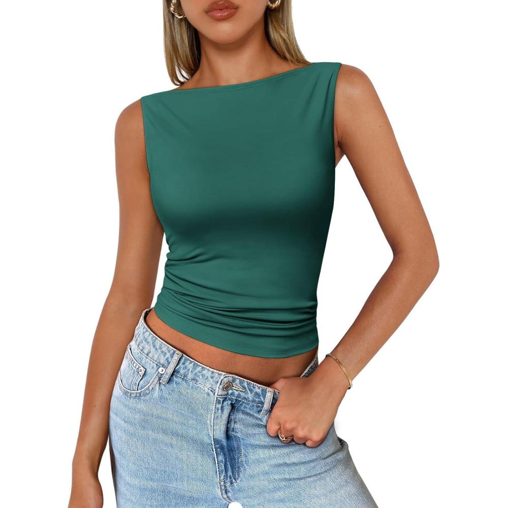 imageTrendy Queen Women Going Out Summer Tank Tops Spring Casual Basic Cute 2025 Sleeveless Shirt Vacation Fashion Outfit ClothesDarkgreen