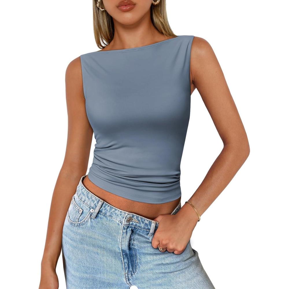 imageTrendy Queen Women Going Out Summer Tank Tops Spring Casual Basic Cute 2025 Sleeveless Shirt Vacation Fashion Outfit ClothesHaze Blue