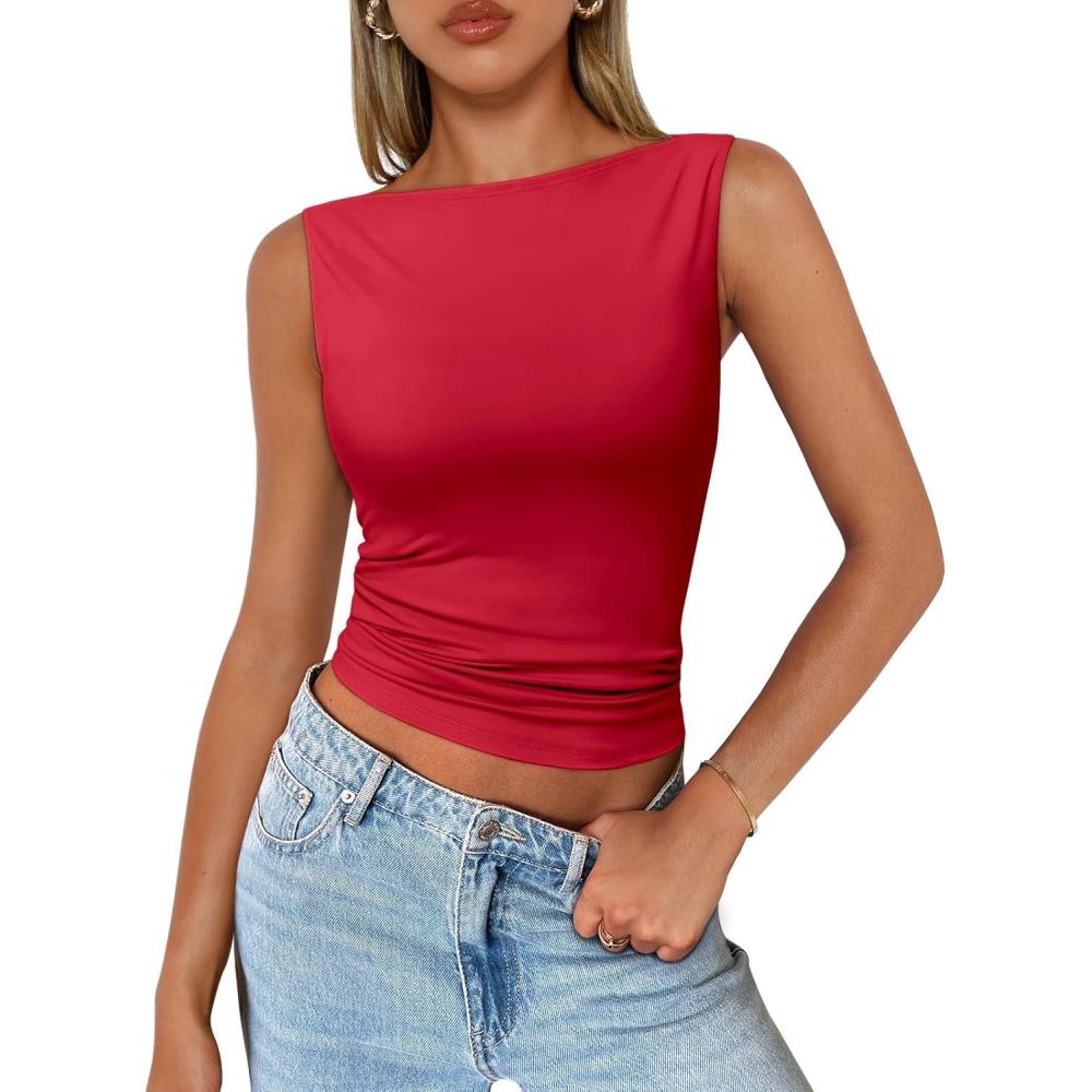 imageTrendy Queen Women Going Out Summer Tank Tops Spring Casual Basic Cute 2025 Sleeveless Shirt Vacation Fashion Outfit ClothesRed