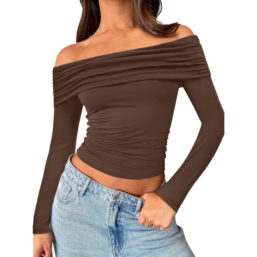 imageTrendy Queen Women Long Sleeve Shirts Off Shoulder Tops Going Out Crop Sexy Slim Fitted Y2K Fall Outfits 2025 Fashion ClothesCoffee