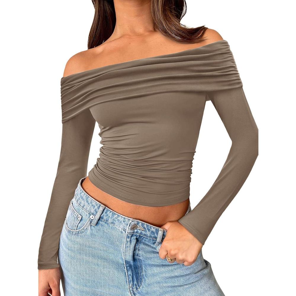 imageTrendy Queen Women Long Sleeve Shirts Off Shoulder Tops Going Out Crop Sexy Slim Fitted Y2K Fall Outfits 2025 Fashion ClothesCoffeegrey