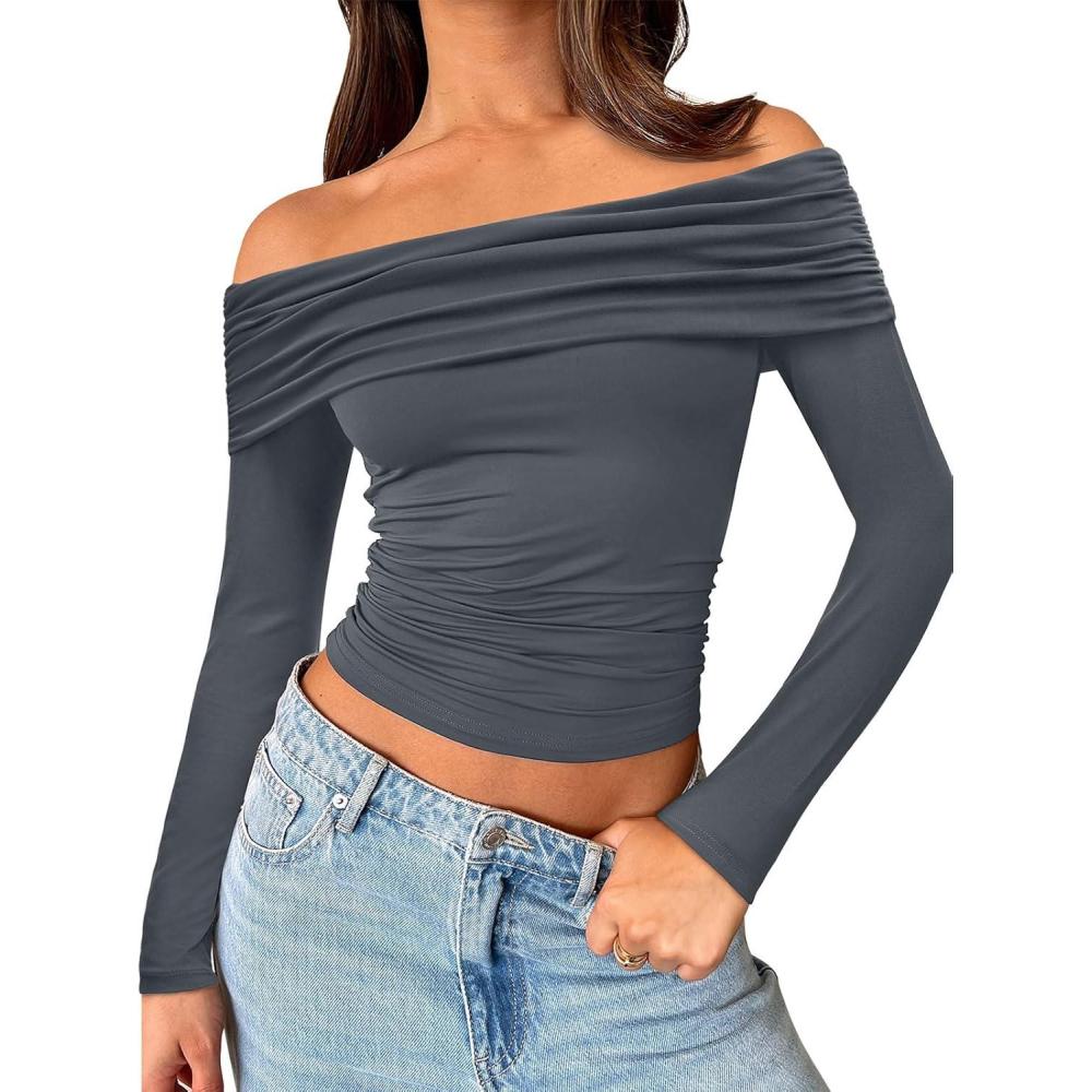 imageTrendy Queen Women Long Sleeve Shirts Off Shoulder Tops Going Out Crop Sexy Slim Fitted Y2K Fall Outfits 2025 Fashion ClothesGrey