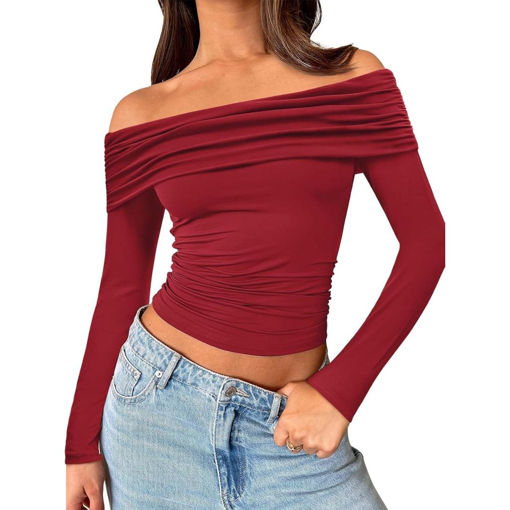 imageTrendy Queen Women Long Sleeve Shirts Off Shoulder Tops Going Out Crop Sexy Slim Fitted Y2K Fall Outfits 2025 Fashion ClothesRed