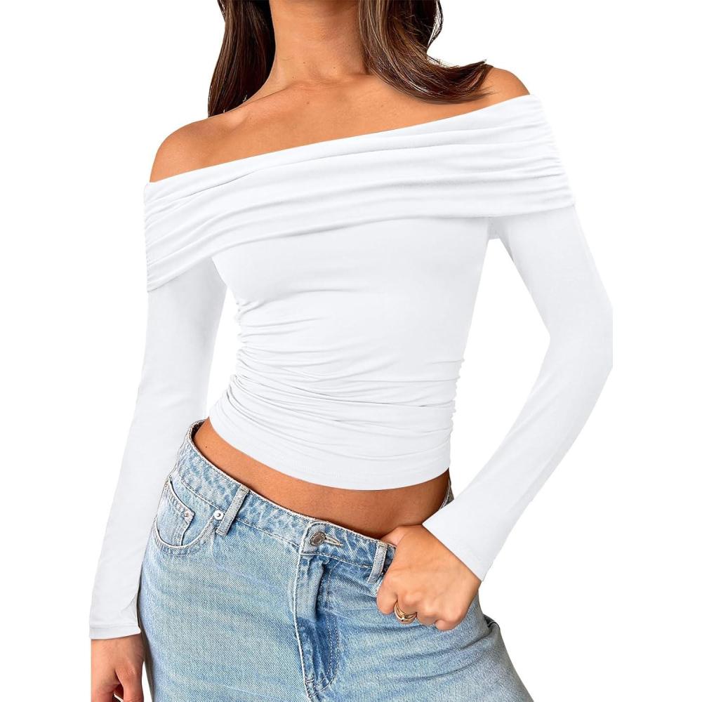 imageTrendy Queen Women Long Sleeve Shirts Off Shoulder Tops Going Out Crop Sexy Slim Fitted Y2K Fall Outfits 2025 Fashion ClothesWhite