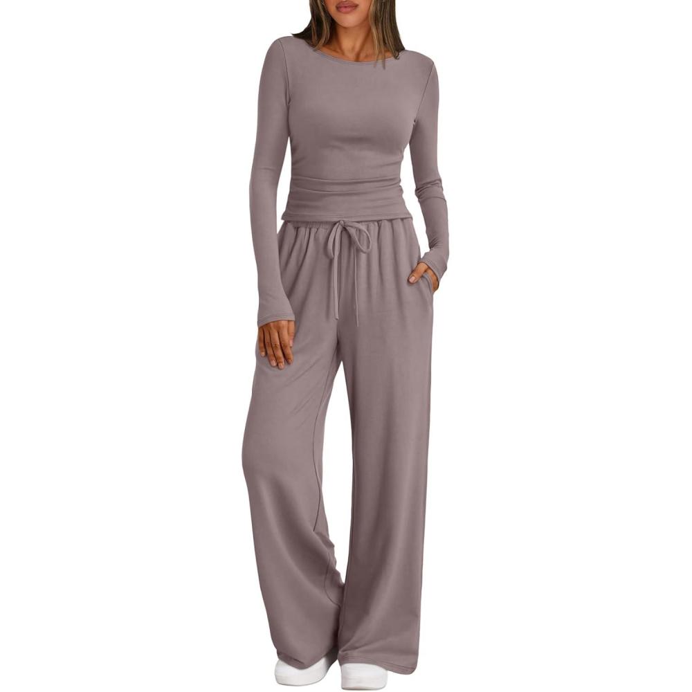 imageTrendy Queen Womens 2 Piece Matching Lounge Set Boat Neck Slim Fitted Top Wide Leg Pants Casual TracksuitsRose Taupe