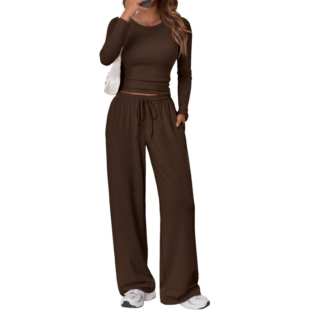 imageTrendy Queen Womens 2 Piece Matching Lounge Set Long Sleeve Slightly Crop Top Wide Leg Pants Casual SweatsuitCoffee