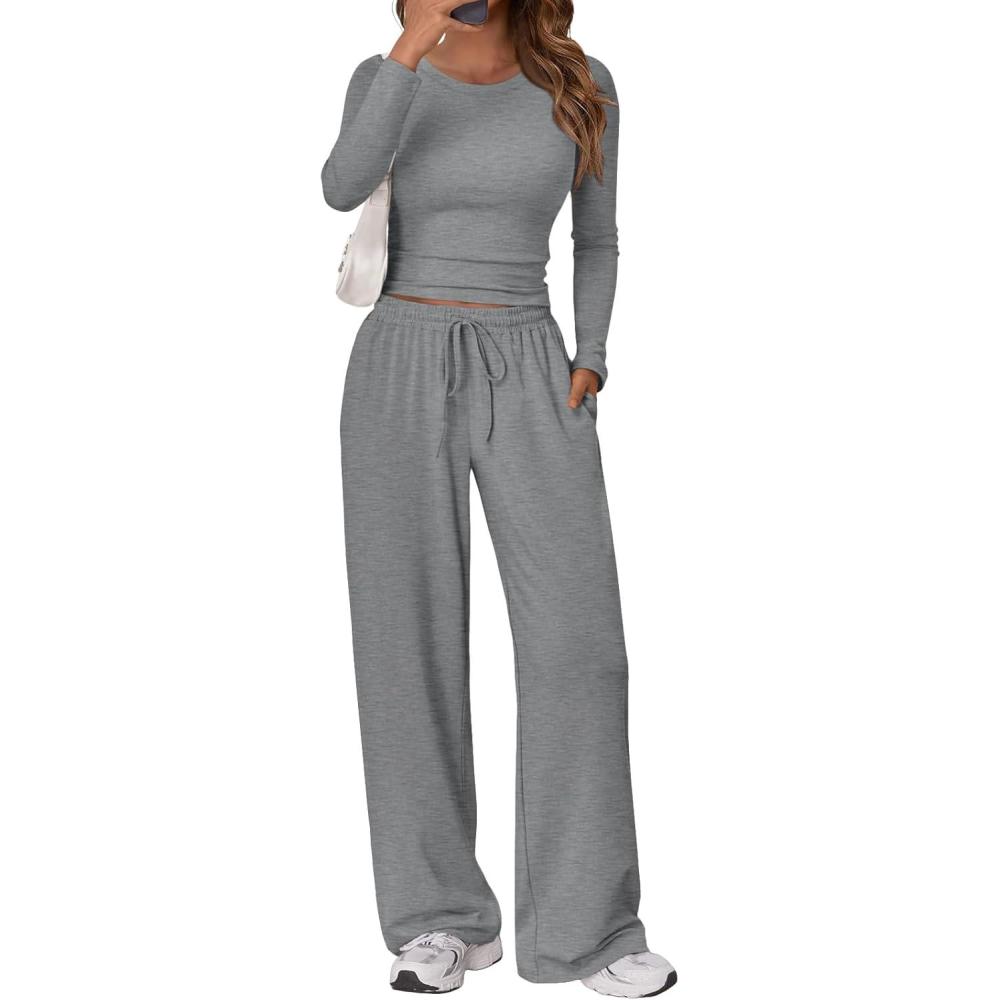 imageTrendy Queen Womens 2 Piece Matching Lounge Set Long Sleeve Slightly Crop Top Wide Leg Pants Casual SweatsuitDark Heather Grey