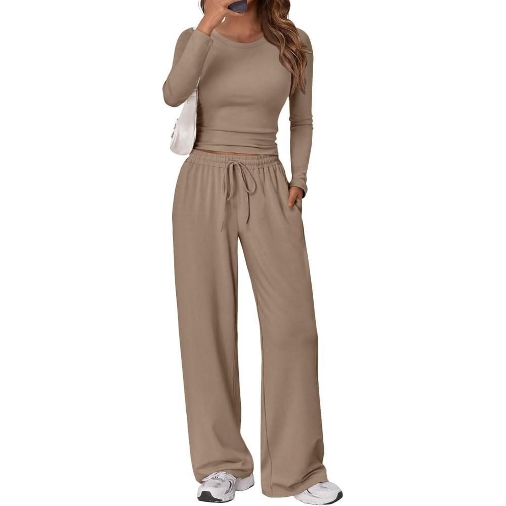 imageTrendy Queen Womens 2 Piece Matching Lounge Set Long Sleeve Slightly Crop Top Wide Leg Pants Casual SweatsuitKhaki