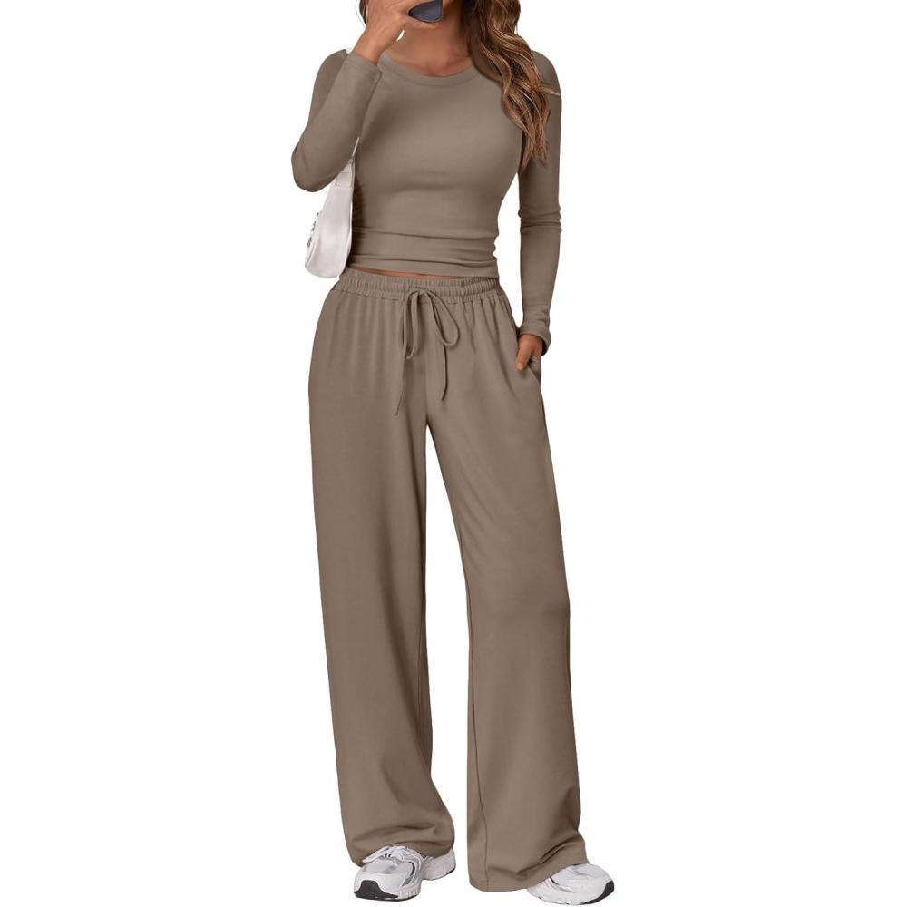 imageTrendy Queen Womens 2 Piece Matching Lounge Set Long Sleeve Slightly Crop Top Wide Leg Pants Casual SweatsuitMocha