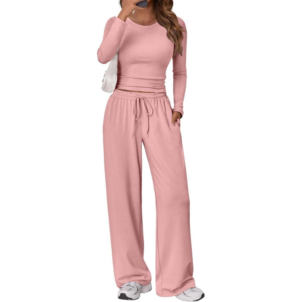 imageTrendy Queen Womens 2 Piece Matching Lounge Set Long Sleeve Slightly Crop Top Wide Leg Pants Casual SweatsuitPeach