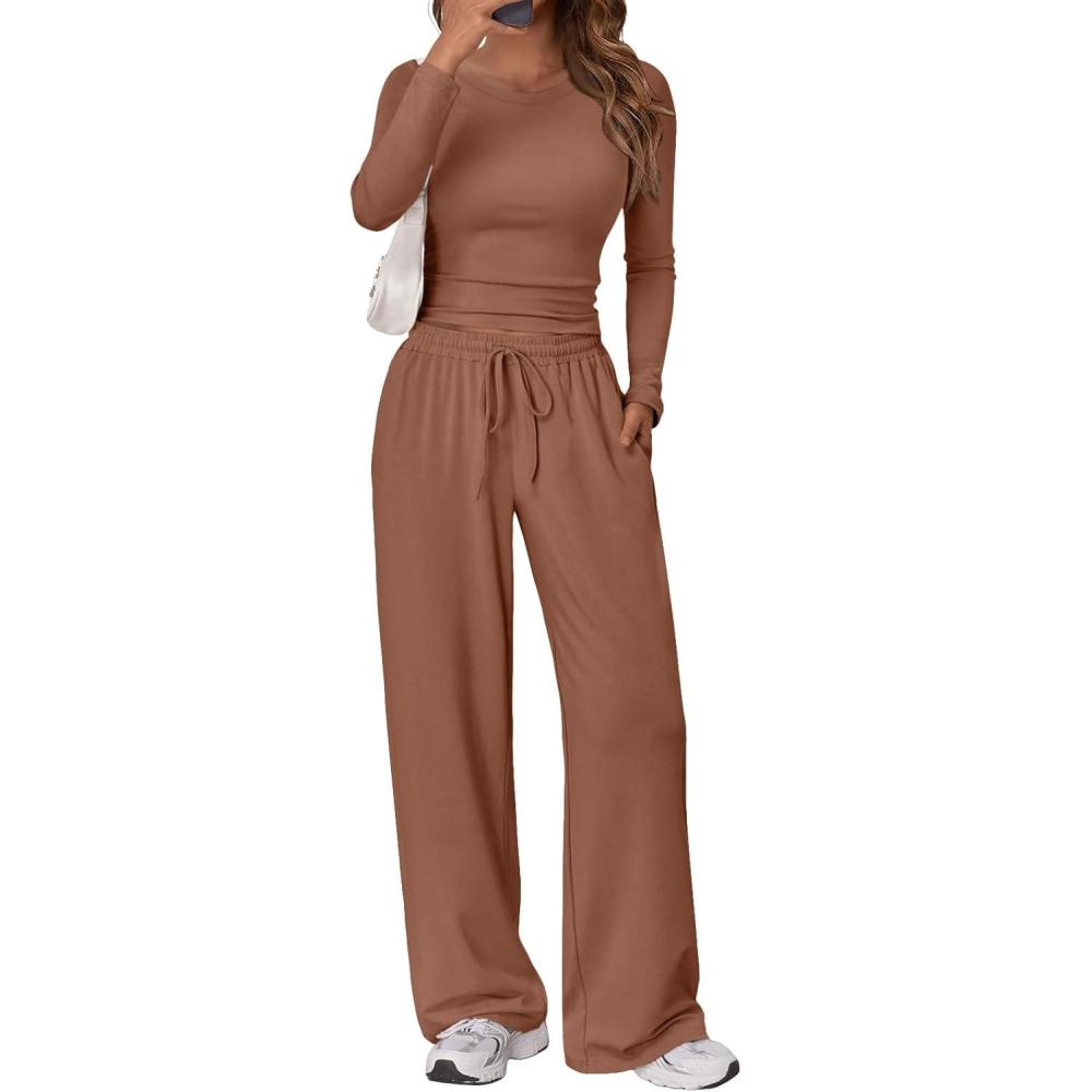 imageTrendy Queen Womens 2 Piece Matching Lounge Set Long Sleeve Slightly Crop Top Wide Leg Pants Casual SweatsuitToffee