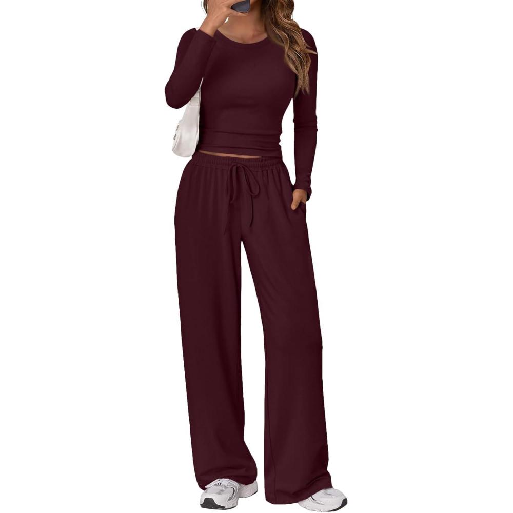 imageTrendy Queen Womens 2 Piece Matching Lounge Set Long Sleeve Slightly Crop Top Wide Leg Pants Casual SweatsuitWine