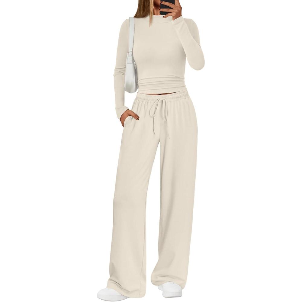 imageTrendy Queen Womens 2 Piece Matching Lounge Set Mock Turtleneck Top Wide Leg Pants Casual Sweatsuit with PocketsApricot