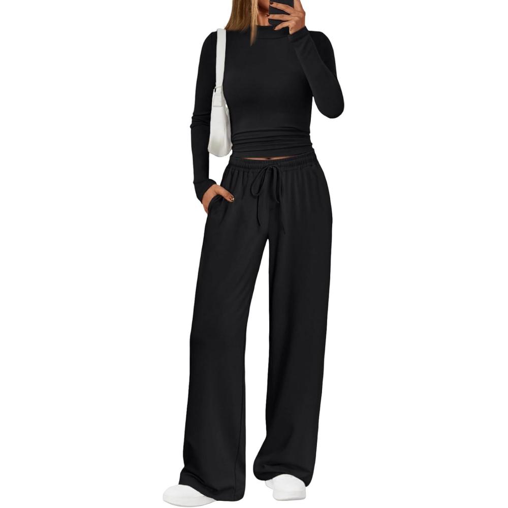 imageTrendy Queen Womens 2 Piece Matching Lounge Set Mock Turtleneck Top Wide Leg Pants Casual Sweatsuit with PocketsBlack