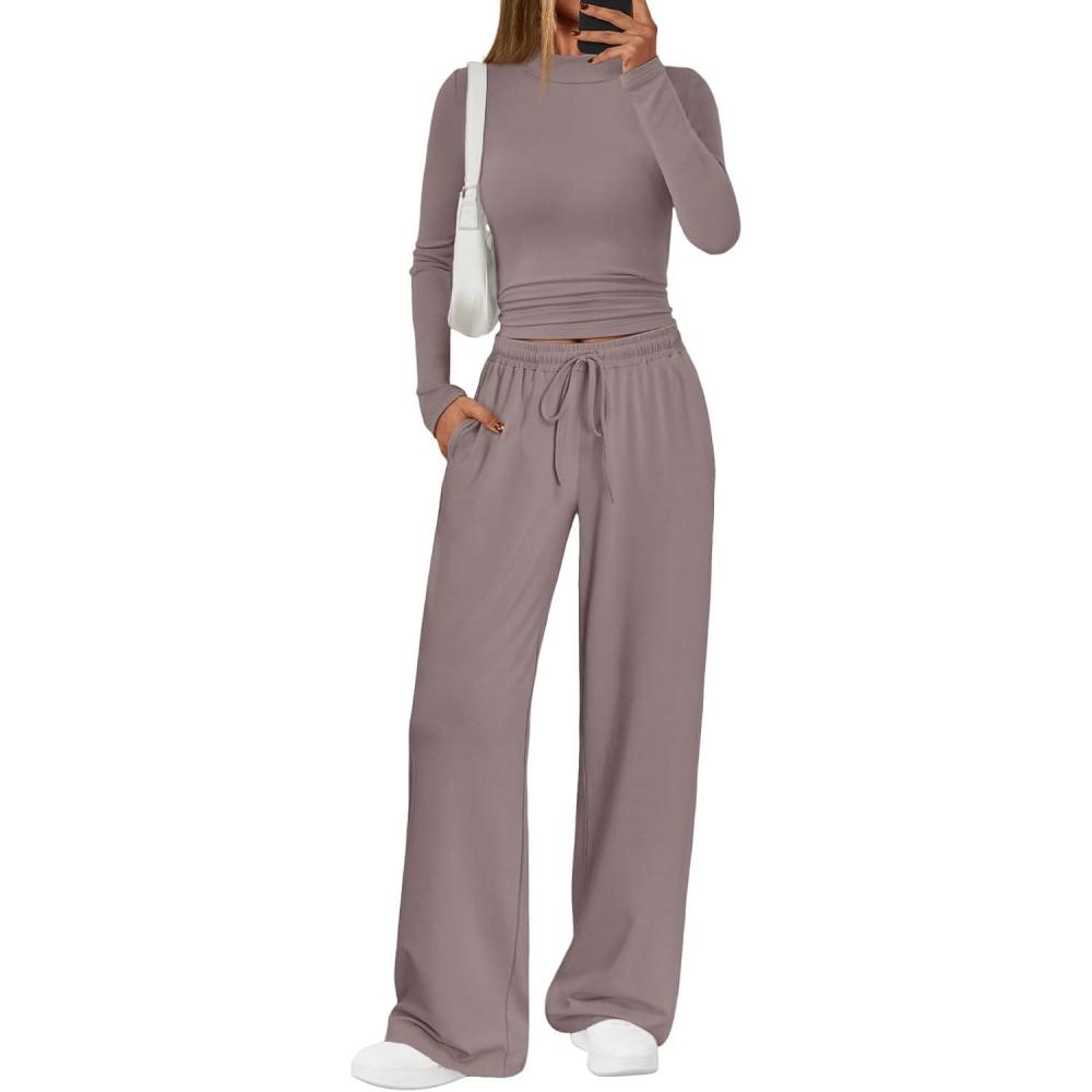 imageTrendy Queen Womens 2 Piece Matching Lounge Set Mock Turtleneck Top Wide Leg Pants Casual Sweatsuit with PocketsNutmeg