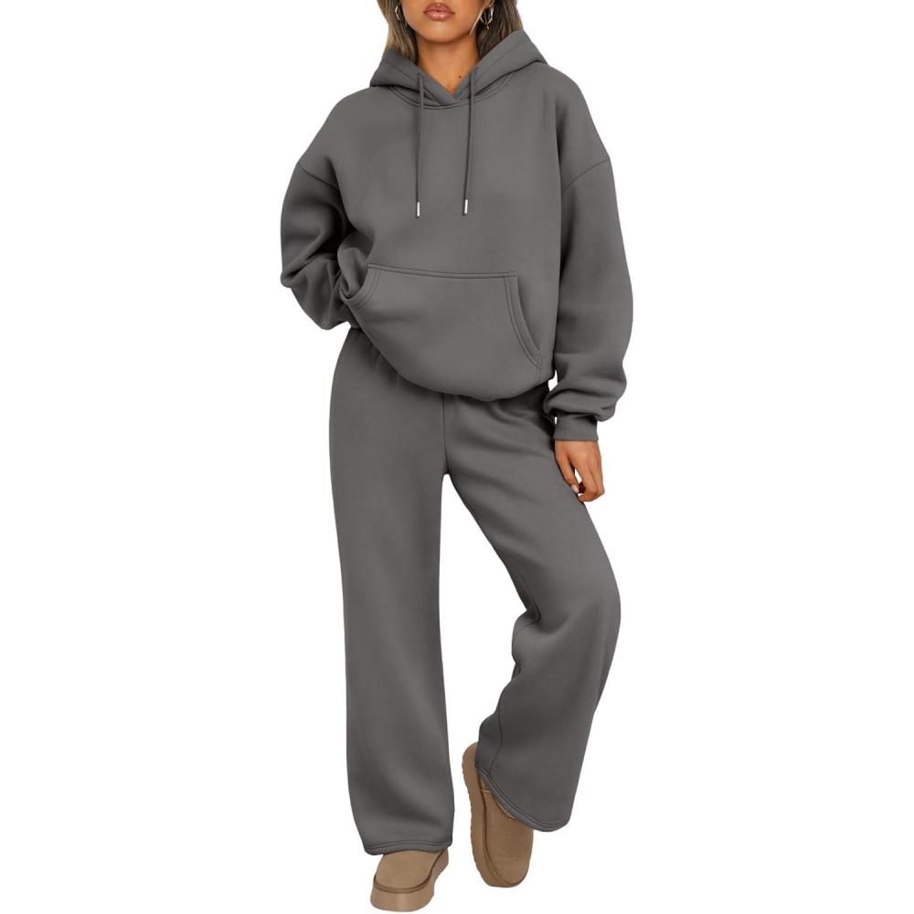 imageTrendy Queen Womens 2 Piece Outfits Lounge Fall Fashion Sets Oversized Sweatshirts Wide Leg Pants Sweatsuits Winter ClothesBlack Grey