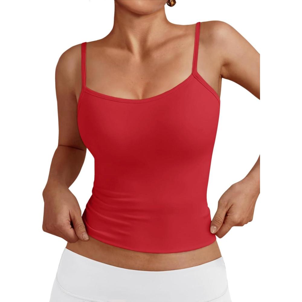 imageTrendy Queen Womens Adjustable Camisole Sleeveless Square Neck Spaghetti Strap Tank Tops Basic ShirtRed