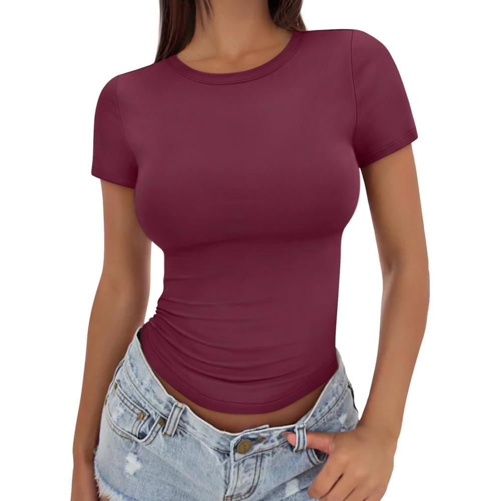 imageTrendy Queen Womens Basic T Shirts Summer Tops 2025 Crop Short Sleeve Slim Fit Tee Cute Gym Workout ClothesBurgundy