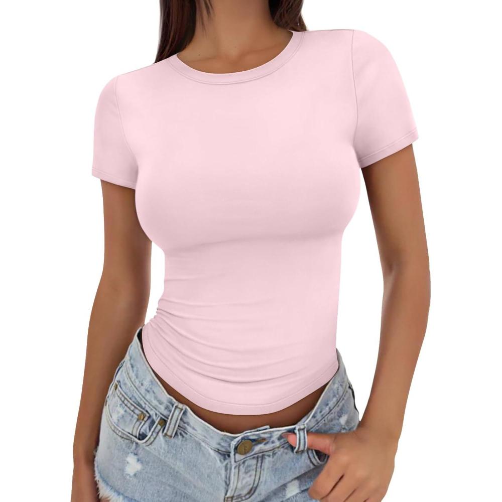 imageTrendy Queen Womens Basic T Shirts Summer Tops 2025 Crop Short Sleeve Slim Fit Tee Cute Gym Workout ClothesLightpink