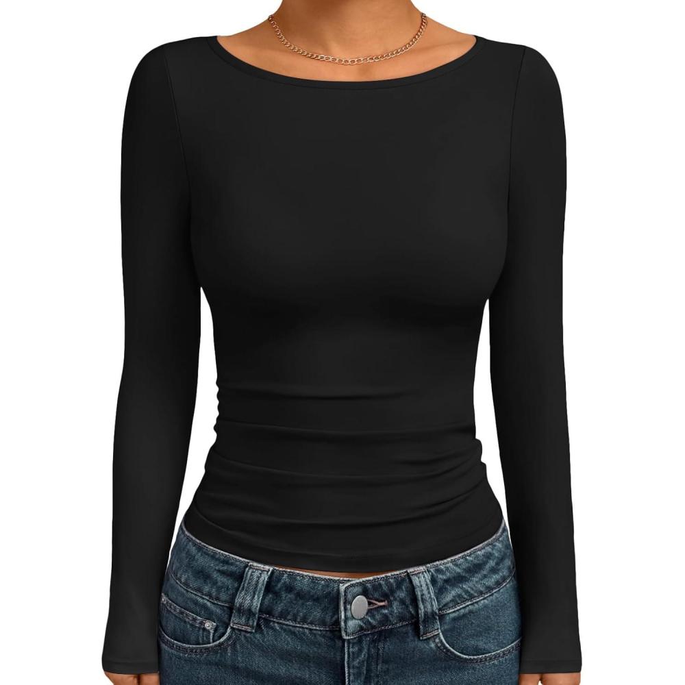 imageTrendy Queen Womens Boat Neck Tops Long Sleeve Shirts Casual Fitted Tee Shirts Solid Color Fall Basic Clothes 2025Black
