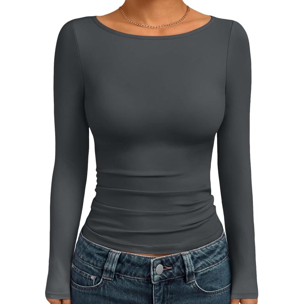 imageTrendy Queen Womens Boat Neck Tops Long Sleeve Shirts Casual Fitted Tee Shirts Solid Color Fall Basic Clothes 2025Gray