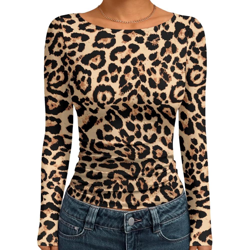 imageTrendy Queen Womens Boat Neck Tops Long Sleeve Shirts Casual Fitted Tee Shirts Solid Color Fall Basic Clothes 2025Leopard