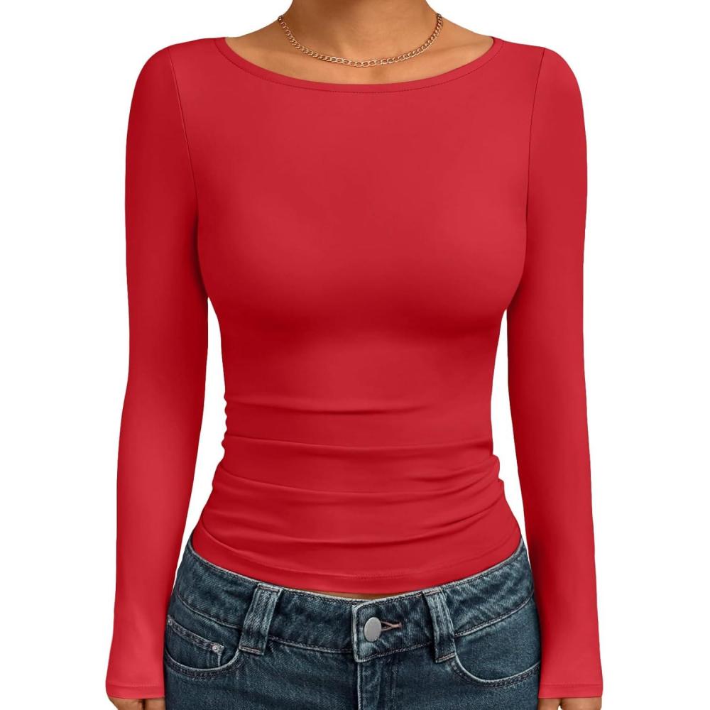 imageTrendy Queen Womens Boat Neck Tops Long Sleeve Shirts Casual Fitted Tee Shirts Solid Color Fall Basic Clothes 2025Red