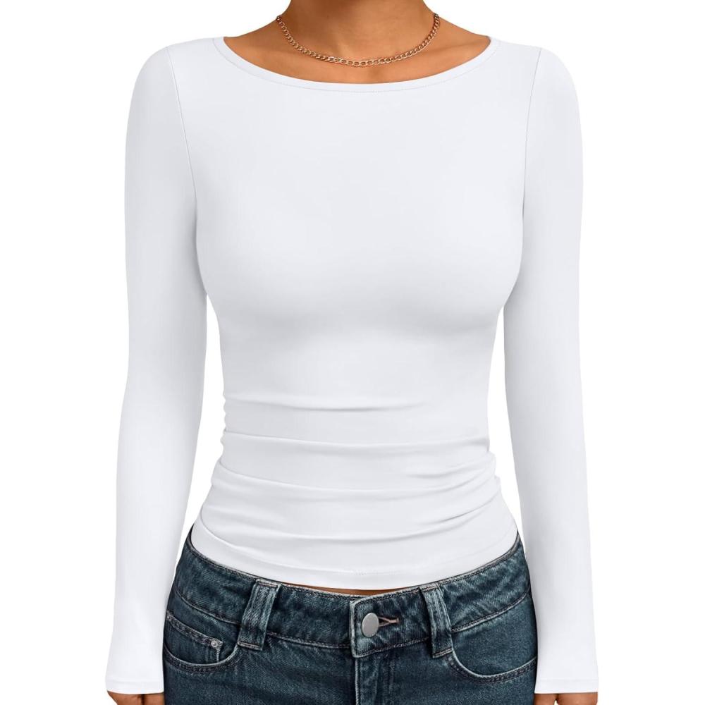 imageTrendy Queen Womens Boat Neck Tops Long Sleeve Shirts Casual Fitted Tee Shirts Solid Color Fall Basic Clothes 2025White