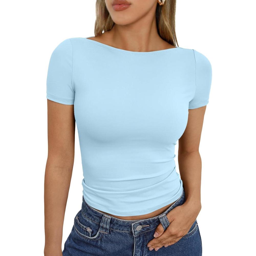 imageTrendy Queen Womens Boat Neck Tops Short Sleeve TShirts Slim Fitted Compression Summer Y2k Basic Clothes 2025Babyblue