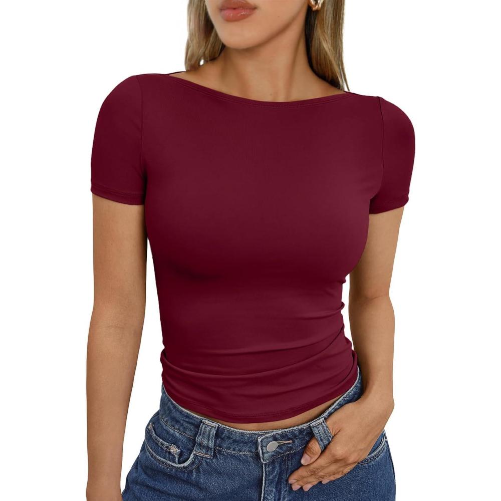 imageTrendy Queen Womens Boat Neck Tops Short Sleeve TShirts Slim Fitted Compression Summer Y2k Basic Clothes 2025Burgundy