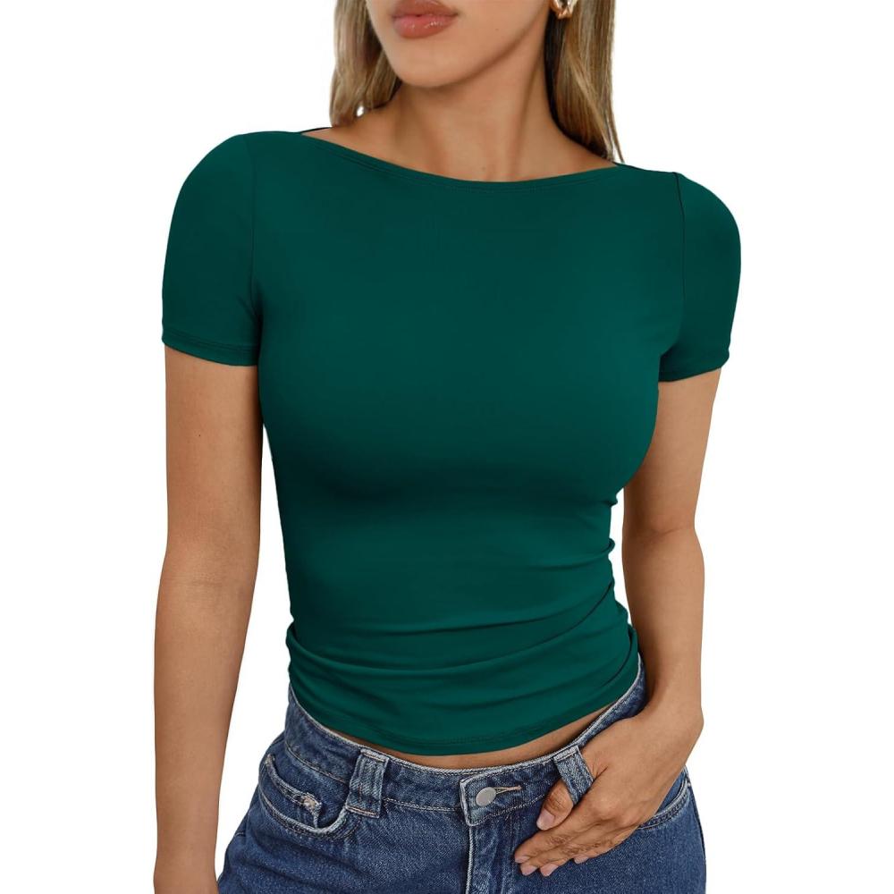 imageTrendy Queen Womens Boat Neck Tops Short Sleeve TShirts Slim Fitted Compression Summer Y2k Basic Clothes 2025Darkgreen