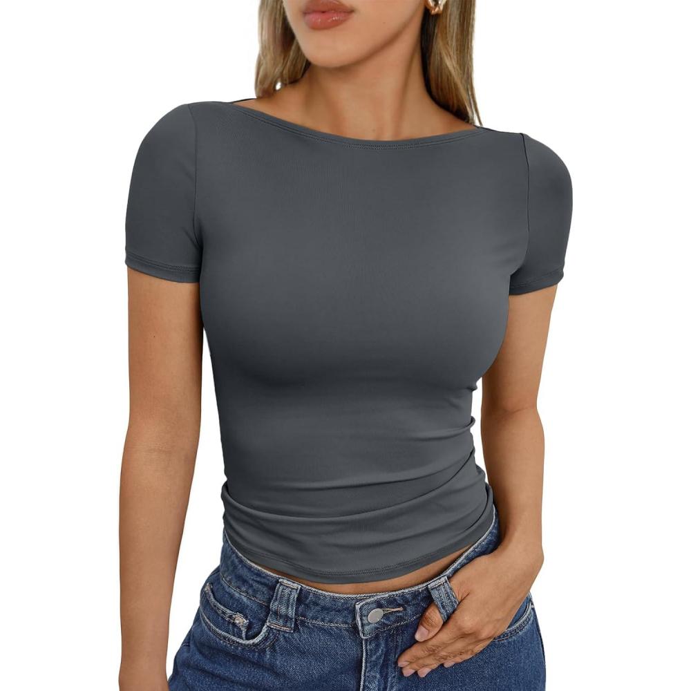 imageTrendy Queen Womens Boat Neck Tops Short Sleeve TShirts Slim Fitted Compression Summer Y2k Basic Clothes 2025Gray