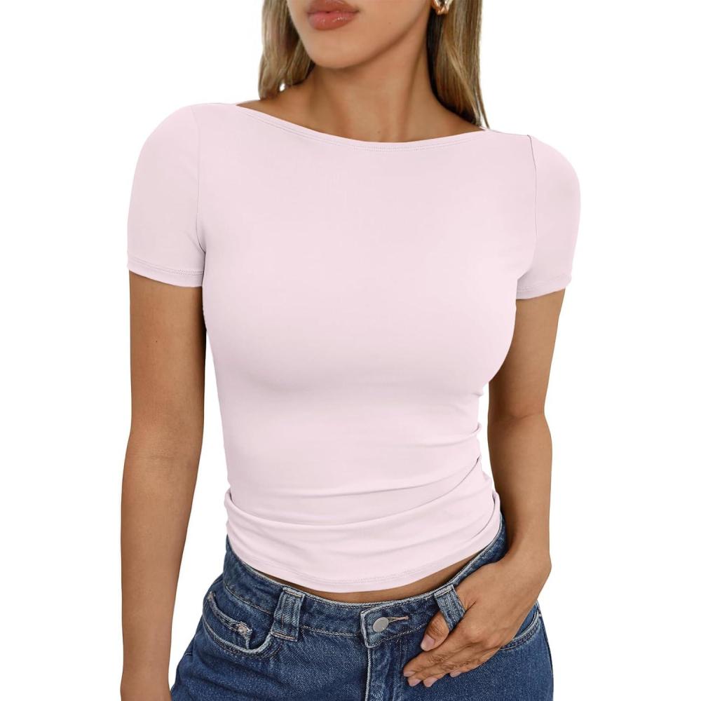 imageTrendy Queen Womens Boat Neck Tops Short Sleeve TShirts Slim Fitted Compression Summer Y2k Basic Clothes 2025Lightpink