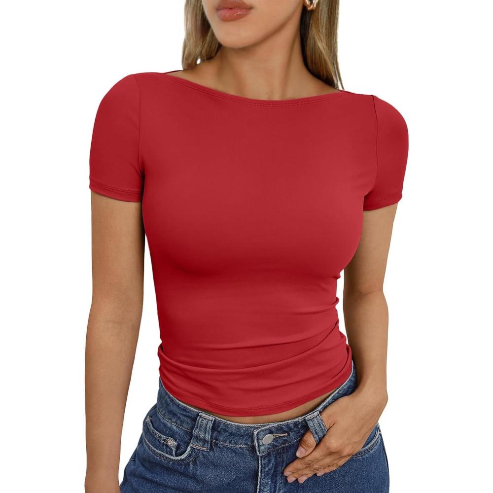 imageTrendy Queen Womens Boat Neck Tops Short Sleeve TShirts Slim Fitted Compression Summer Y2k Basic Clothes 2025Red