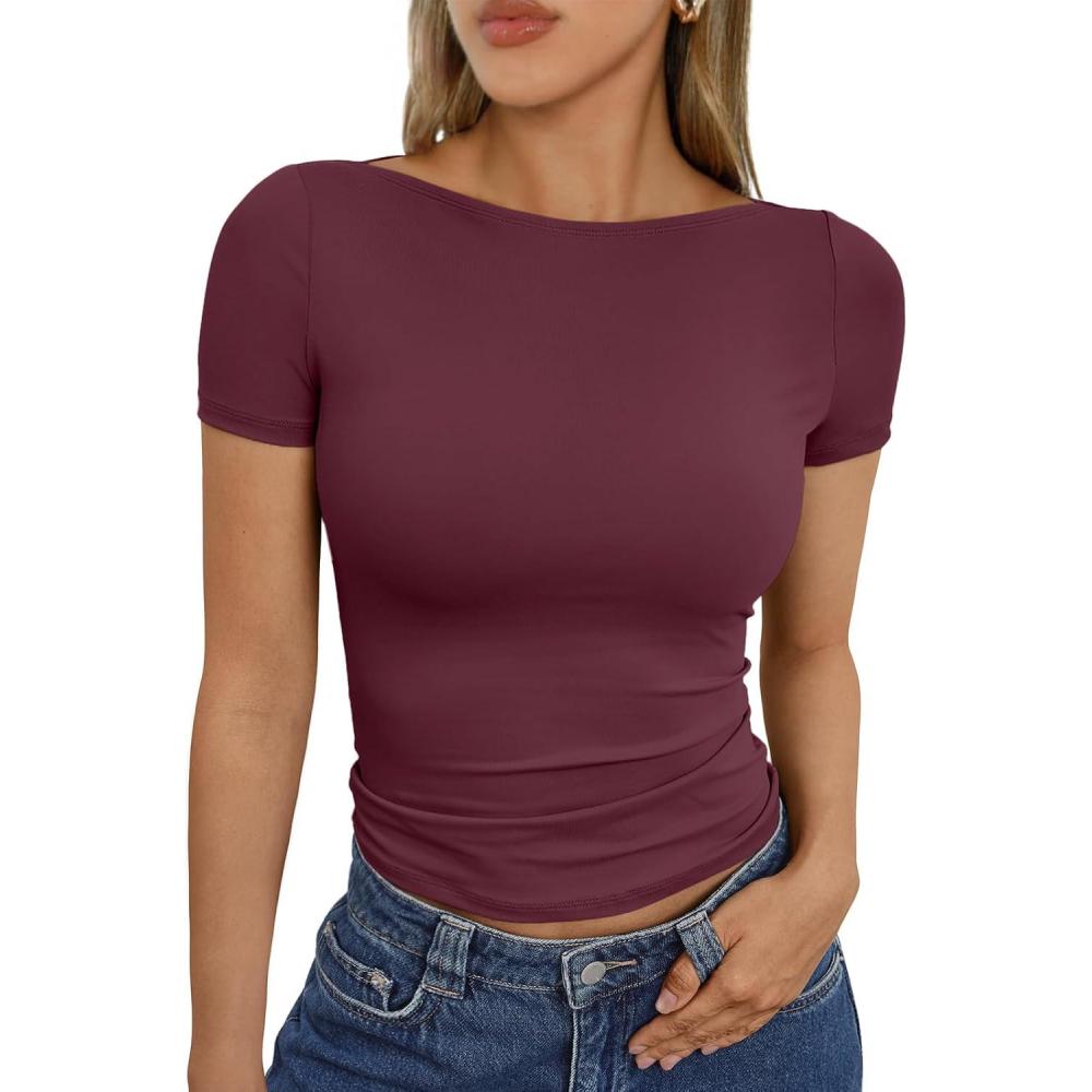 imageTrendy Queen Womens Boat Neck Tops Short Sleeve TShirts Slim Fitted Compression Summer Y2k Basic Clothes 2025Winered