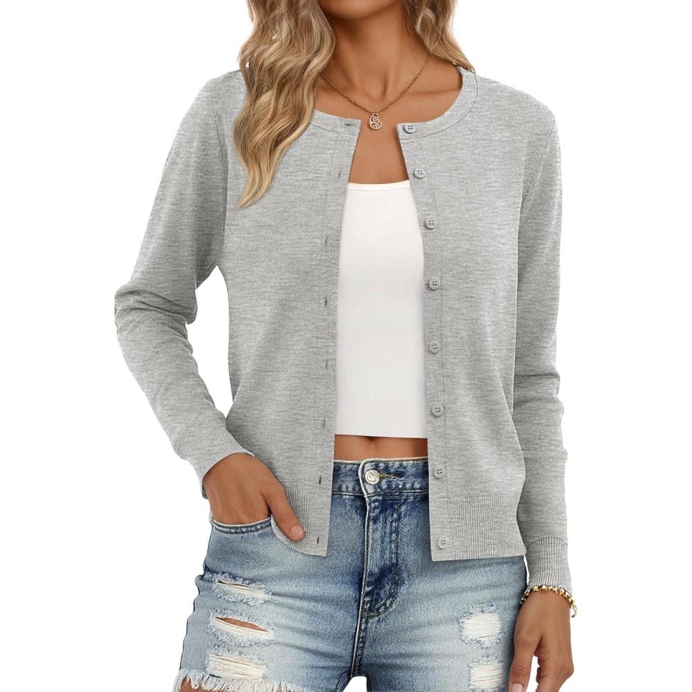 imageTrendy Queen Womens Cardigan Sweaters Lightweight Crew Neck Outfits Fall Fashion 2025 ClothingGrey Melange