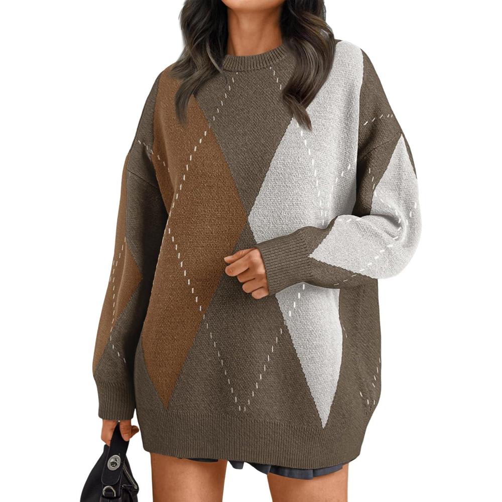 imageTrendy Queen Womens Color Block Argyle Plaid Oversized Chunky Knit Crewneck Sweaters 2025Nutmeg Brown