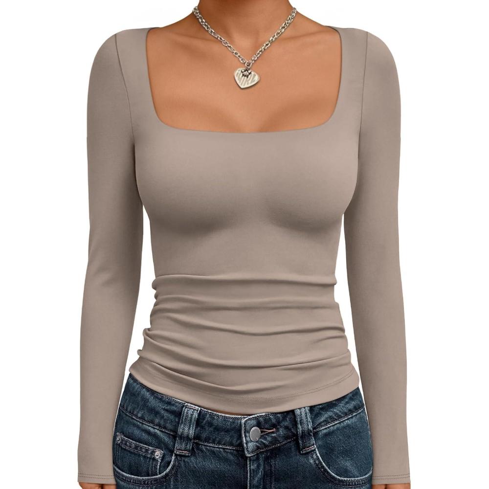imageTrendy Queen Womens Double Lined Square Neck Long Sleeve Slightly Crop Slim Fit Tops Casual Layer Basic Tee Shirts 2025Coffee Grey