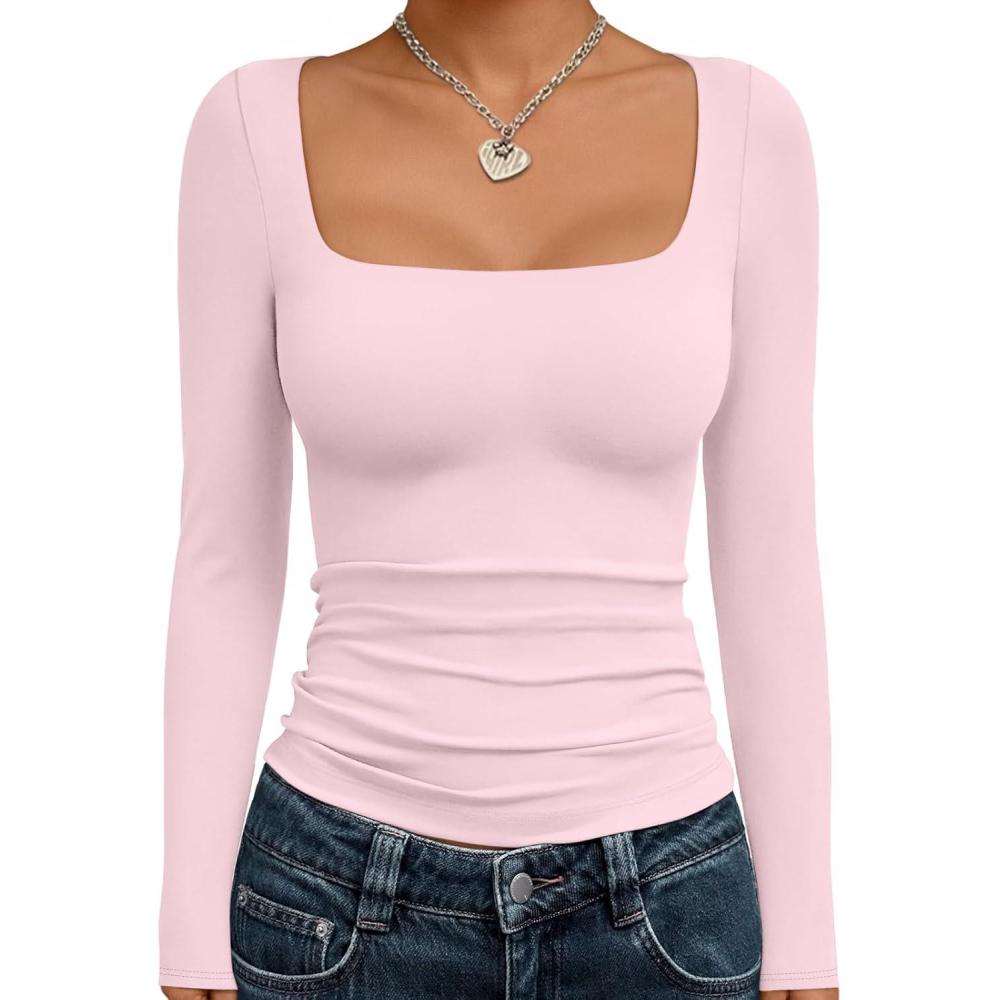 imageTrendy Queen Womens Double Lined Square Neck Long Sleeve Slightly Crop Slim Fit Tops Casual Layer Basic Tee Shirts 2025Pink