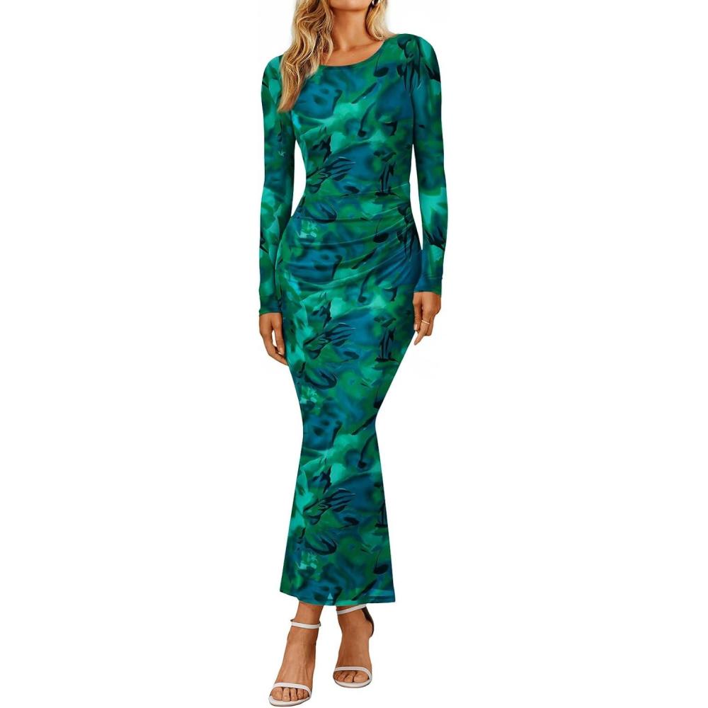 imageTrendy Queen Womens Floral Print Bodycon Ruched Dress Fall Long Sleeve Maxi Wedding Guest Dresses with Side SlitBlue Green