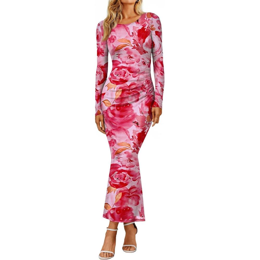 imageTrendy Queen Womens Floral Print Bodycon Ruched Dress Fall Long Sleeve Maxi Wedding Guest Dresses with Side SlitPink
