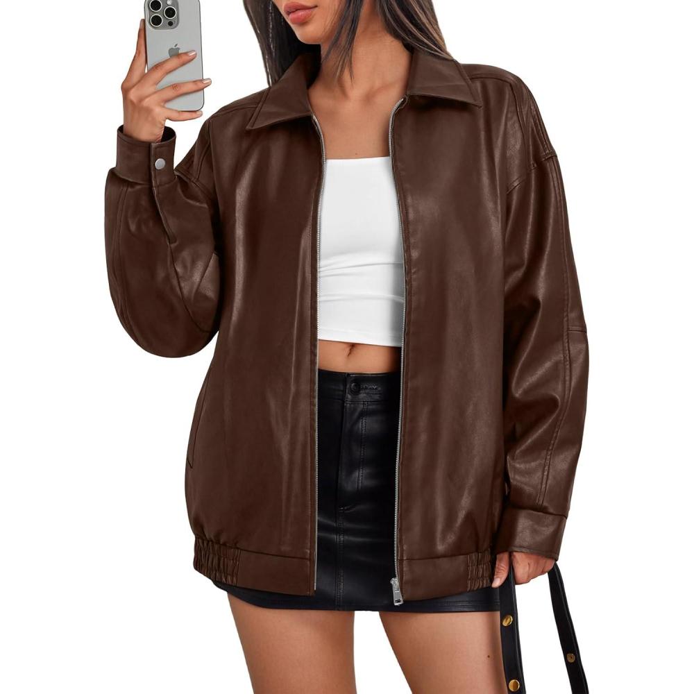 imageTrendy Queen Womens Leather Jackets Oversized Faux Motorcycle Plus Size Moto Biker Coat Fall Outfits Fashion Clothes 2025Brown