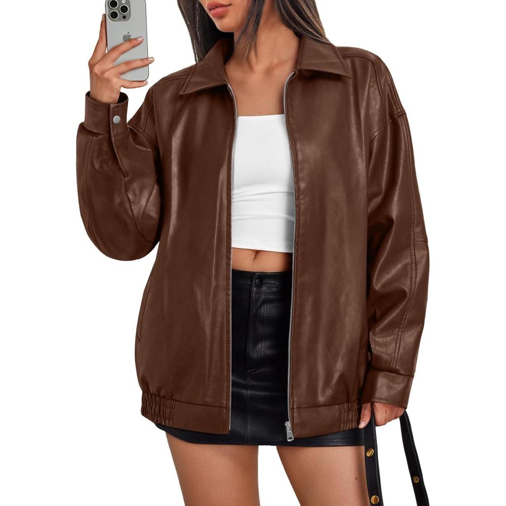 imageTrendy Queen Womens Leather Jackets Oversized Faux Motorcycle Plus Size Moto Biker Coat Fall Outfits Fashion Clothes 2025Caramel