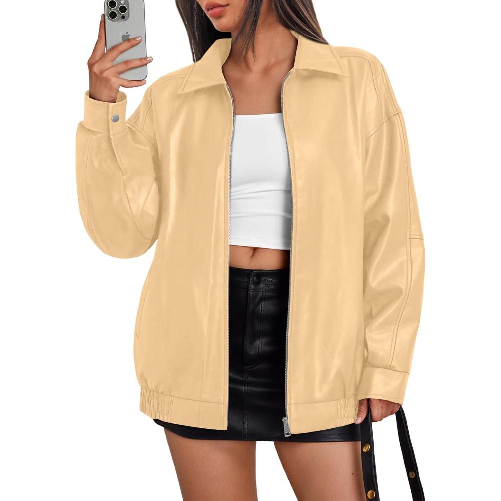 imageTrendy Queen Womens Leather Jackets Oversized Faux Motorcycle Plus Size Moto Biker Coat Fall Outfits Fashion Clothes 2025Khaki