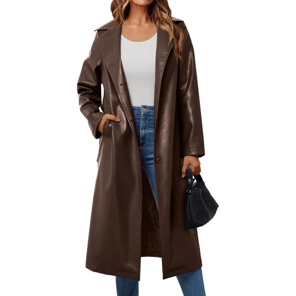 imageTrendy Queen Womens Long Leather Jackets Trench Coat Blazer Lapel Faux Open Front with BeltBrown