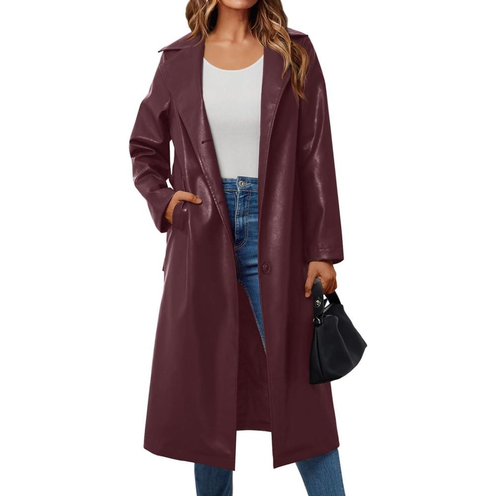 imageTrendy Queen Womens Long Leather Jackets Trench Coat Blazer Lapel Faux Open Front with BeltWine