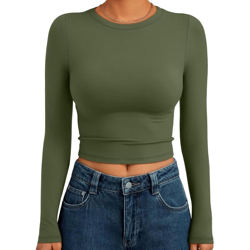 imageTrendy Queen Womens Long Sleeve Crop Tops Basic Slim Fitted Shirts Fashion 2025 Going Out Y2k Tops Teen Girl ClothesArmy Green