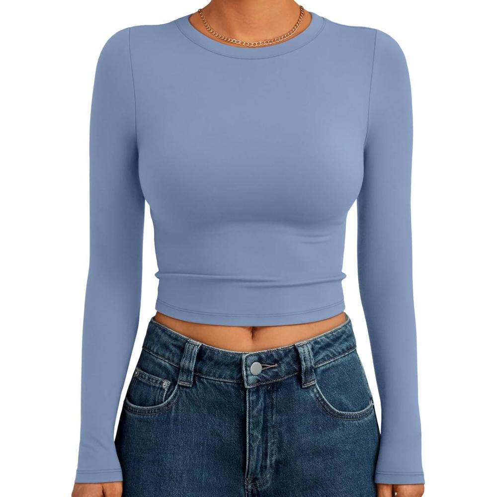 imageTrendy Queen Womens Long Sleeve Crop Tops Basic Slim Fitted Shirts Fashion 2025 Going Out Y2k Tops Teen Girl ClothesBlue Gray