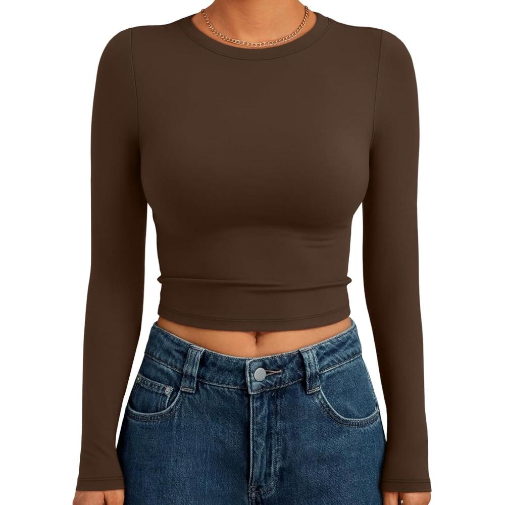 imageTrendy Queen Womens Long Sleeve Crop Tops Basic Slim Fitted Shirts Fashion 2025 Going Out Y2k Tops Teen Girl ClothesChocolate Brown