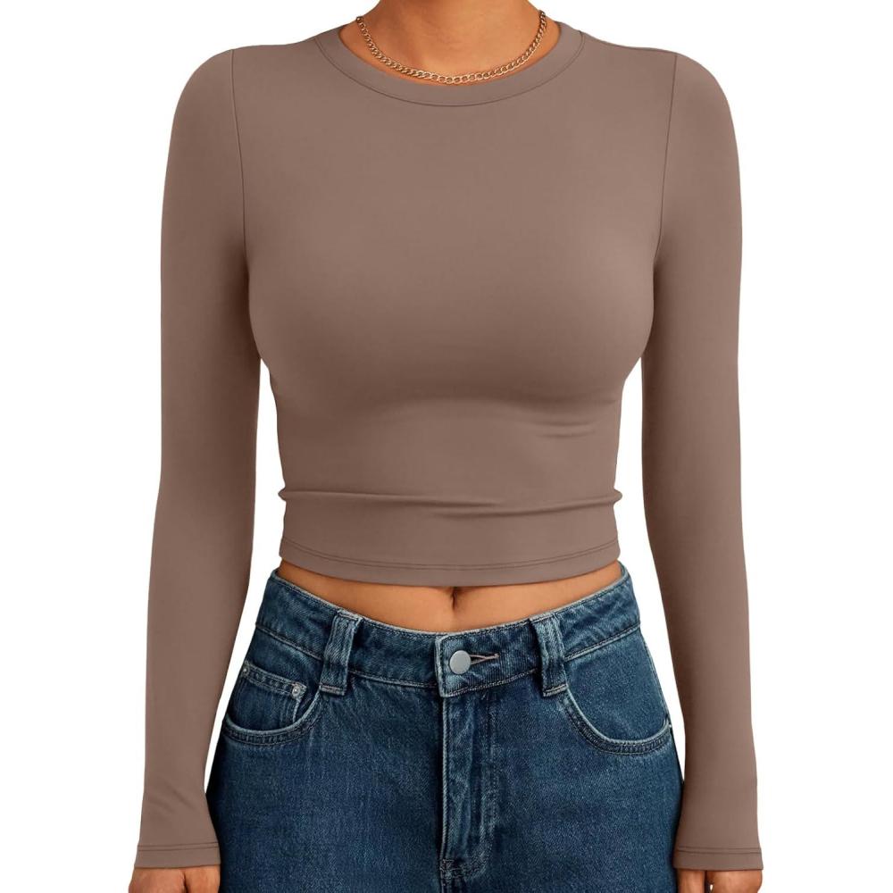 imageTrendy Queen Womens Long Sleeve Crop Tops Basic Slim Fitted Shirts Fashion 2025 Going Out Y2k Tops Teen Girl ClothesCoffee Grey
